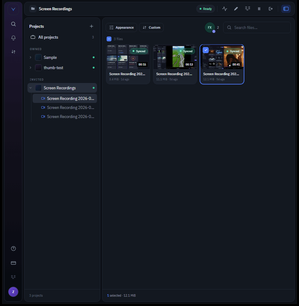 Vidsync project view showing a grid of video clips with Synced status pills, durations, file sizes, and a collaborator avatar.