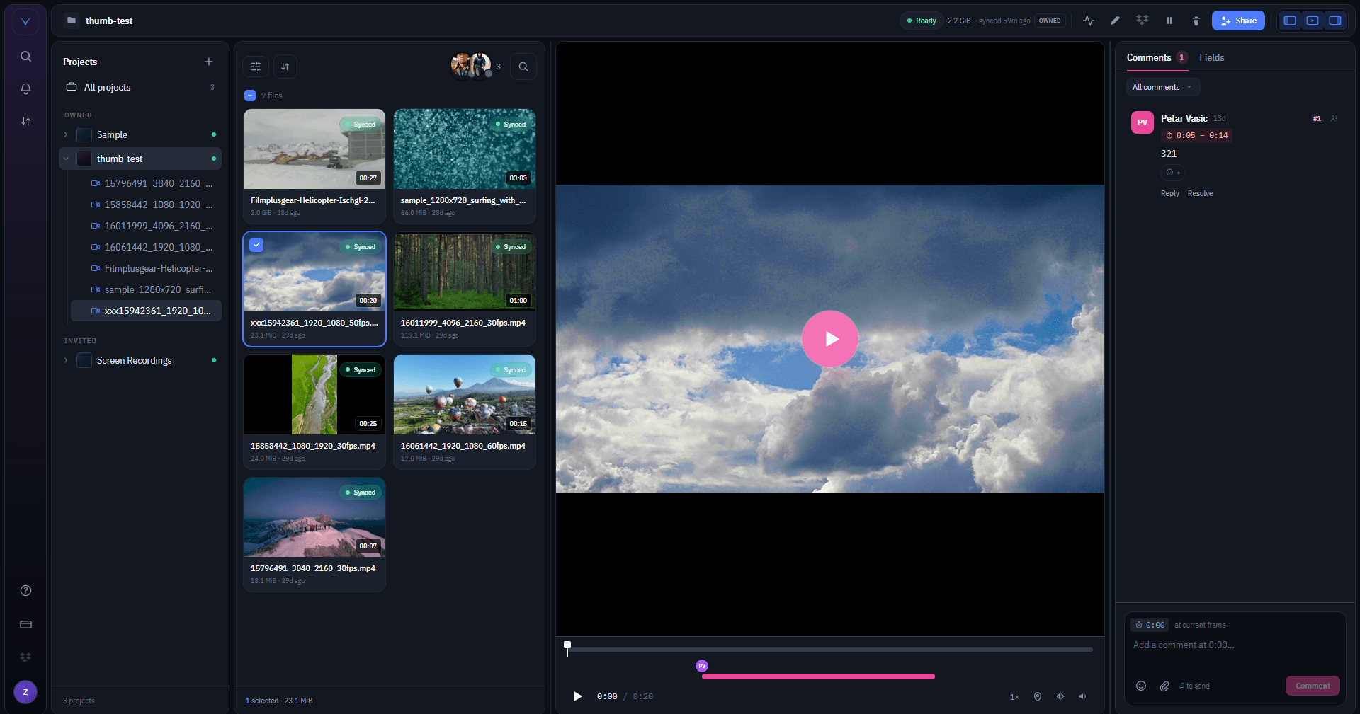 The Vidsync desktop app in review mode — the built-in video player open on a clip with a timecoded comment pinned to the timeline, alongside the project tree, footage grid, and comments sidebar.